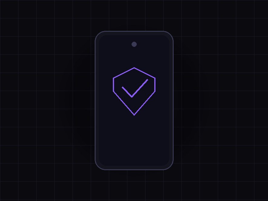 Smartphone displaying a violet shield icon with a security glow