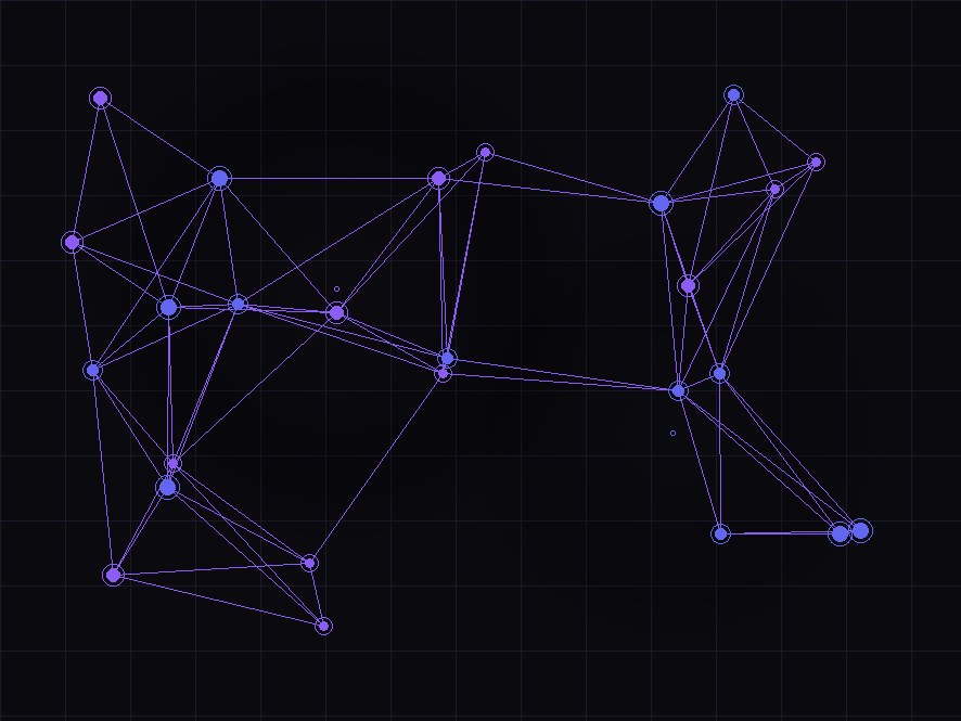 Abstract identity graph of glowing violet and indigo nodes connected across a dark grid