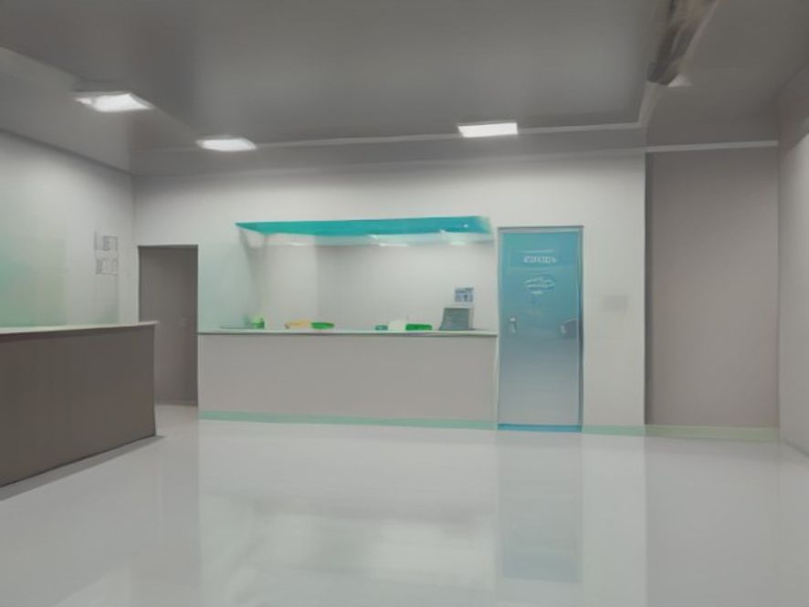 Bright modern hospital reception with African healthcare staff